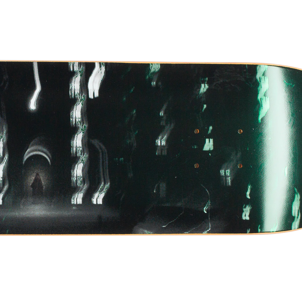 A HOCKEY ELK HART skateboard with a black background and green lights.