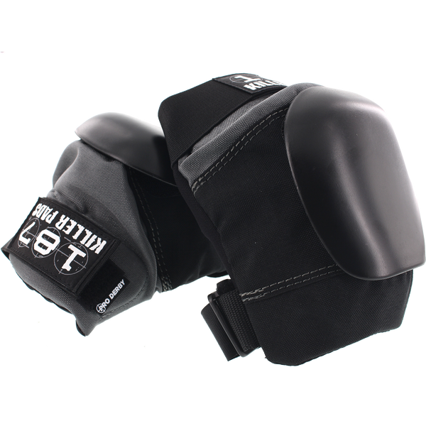 A pair of 187 PRO DERBY KNEE PADS BLACK / GREY by 187 on a white background.