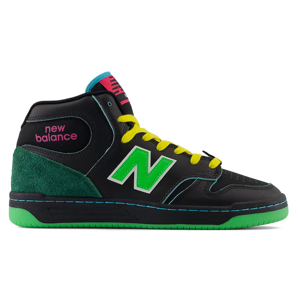 A black NB NUMERIC NB NUMERIC X NATAS KAUPAS 480 HIGH BLACK / LIME GREEN high-top sneaker with a green logo, green sole, and yellow laces. The hightop heritage design boasts teal and pink accents with suede detailing, perfect for skaters.