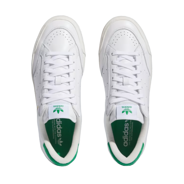 A pair of white leather shoes shown from the top view, with green accents.
