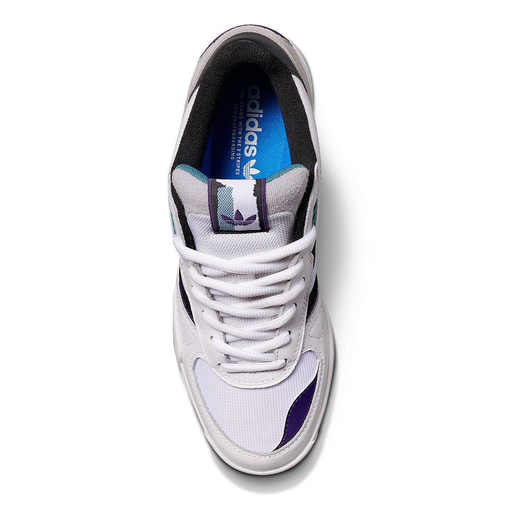 Top view of the ADIDAS TEKKIRA CUP in Cloud White, Core Black, and Aurora Plum with blue insole, white laces, and LIGHTMOTION cushioning—skate shoes blending comfort and style.