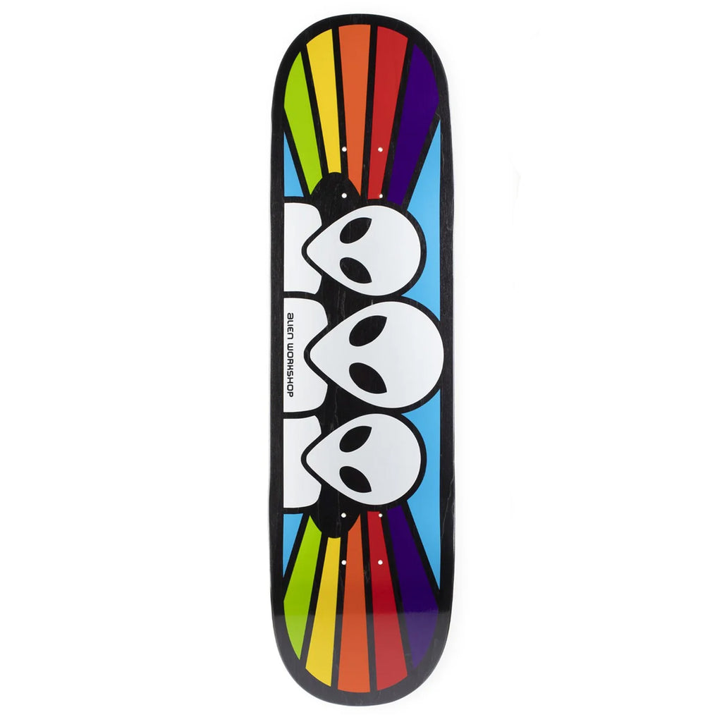 Colorful ALIEN WORKSHOP SPECTRUM FULL TWIN skateboard deck with ghost-like figures and rainbow stripes, featuring a Twin Tail 8.5 Shape.