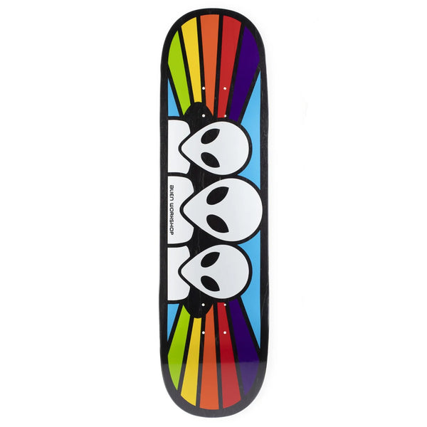 Colorful ALIEN WORKSHOP SPECTRUM FULL TWIN skateboard deck with ghost-like figures and rainbow stripes, featuring a Twin Tail 8.5 Shape.