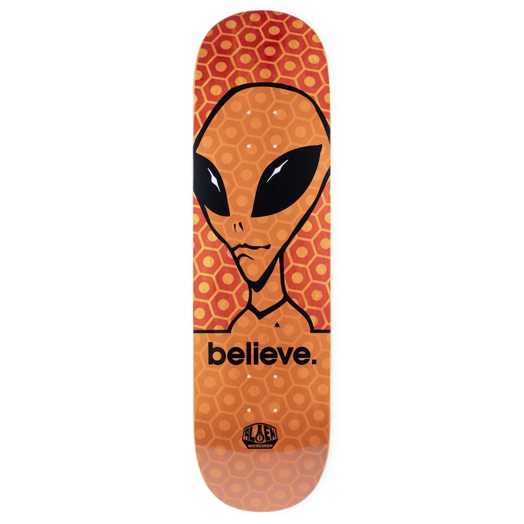 Sentence with replaced product:
Alien Workshop-themed skateboard deck with the word "believe" printed on it in a duo-tone design, featuring the ALIEN WORKSHOP BELIEVE HEX DUO-TONE LARGE graphic.