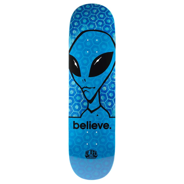 A blue skateboard deck featuring an illustration of an alien head with the word "believe" printed below it, in a ALIEN WORKSHOP BELIEVE HEX DUO-TONE MEDIUM design by ALIEN WORKSHOP.