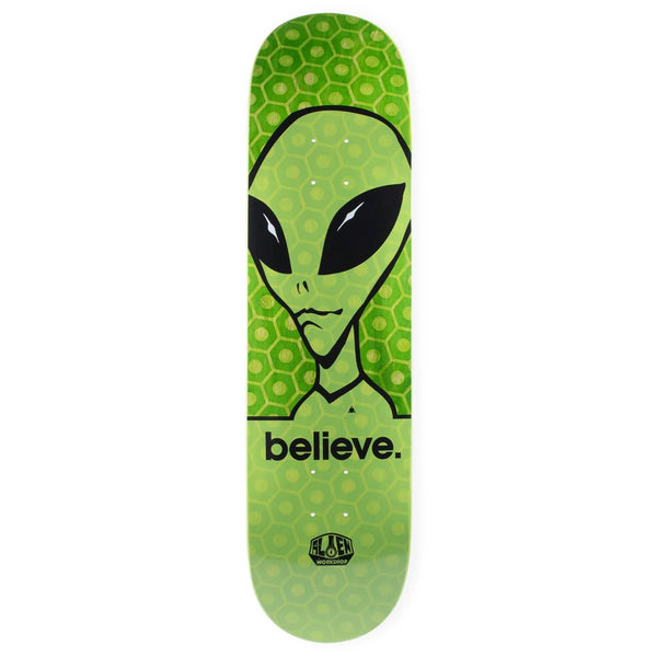 Green skateboard deck with an ALIEN WORKSHOP BELIEVE HEX DUO-TONE SMALL graphic and the word "believe" in the Sect 8.75 Shape.