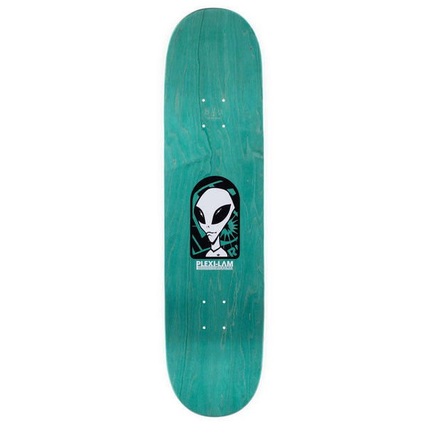 Green ALIEN WORKSHOP BELIEVE REALITY PLEXI LAM skateboard deck with a graphic of an alien head and the text "Alien Workshop".