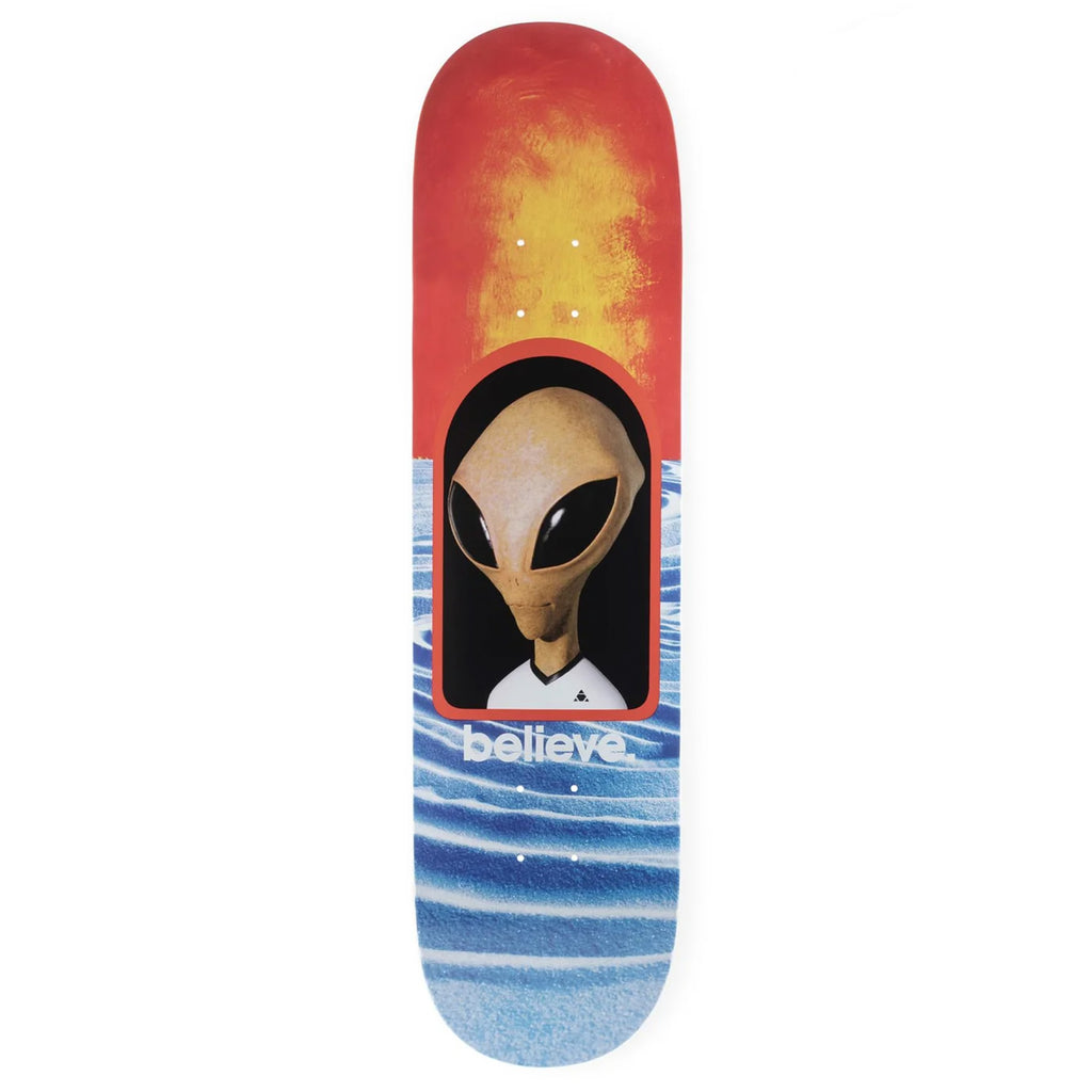 A ALIEN WORKSHOP skateboard deck featuring an alien head graphic design against a fiery backdrop and wave patterns.