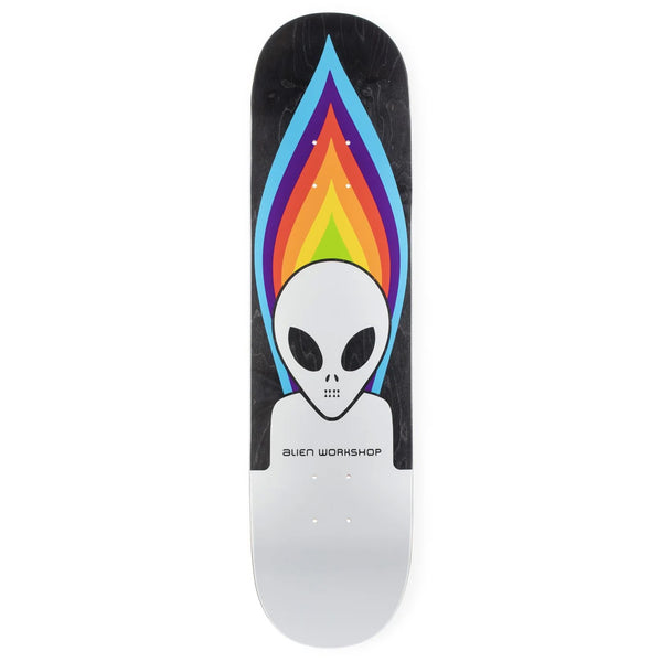 A ALIEN WORKSHOP TORCH skateboard deck with an alien graphic and rainbow flame design.