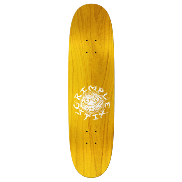 A yellow skateboard with a white ANTI HERO GRIMPLE STIX GERWER BACKPAGE logo on it.
