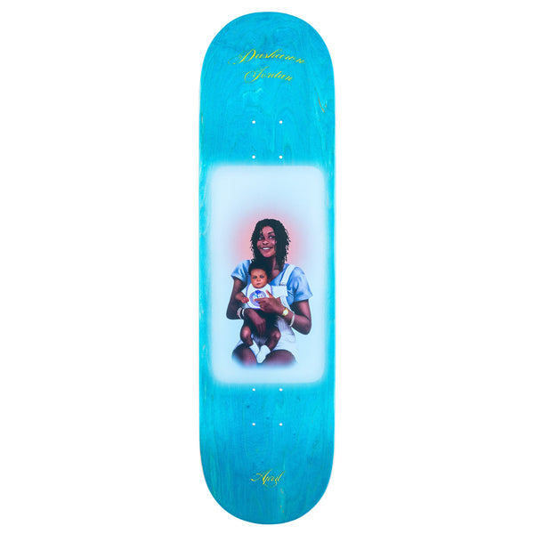 A blue stained skateboard deck with a painting of a mom holding a baby.