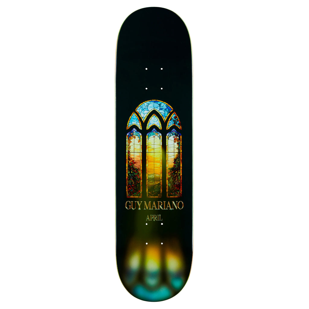 A APRIL skateboard deck with a stained-glass window design and the name "APRIL DASHAWN JORDAN" printed on it.