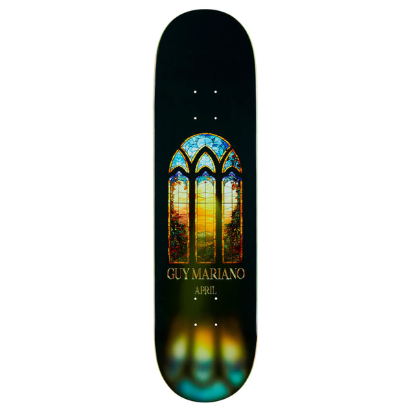 A APRIL skateboard deck with a stained-glass window design and the name "APRIL DASHAWN JORDAN" printed on it.