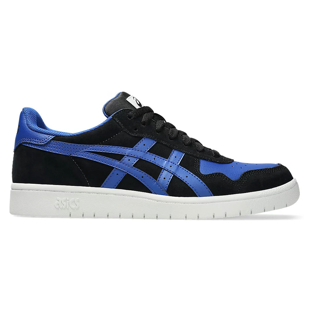 The ASICS JAPAN PRO BLACK / BLUE sneaker features a black and blue design with a white sole, Asics logo, and suede panels, all set against a plain white background.