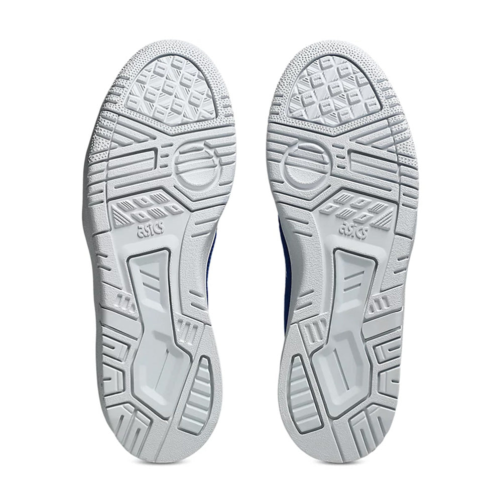 The image displays the underside of two ASICS VIC NBD shoes. They have textured patterns and logo engravings, FF BLAST cushioning for comfort, and a stylish mix of mesh and suede materials in Prussian blue/white.