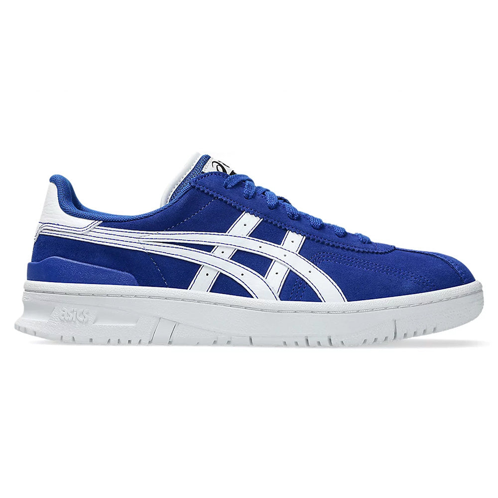 The ASICS VIC NBD CLAY PRUSSIAN BLUE / WHITE shoe features a blue mesh and suede design with white stripes, a white sole, and blue laces. It uses FF BLAST cushioning for comfort and style. Seen from the side on a pristine white background.