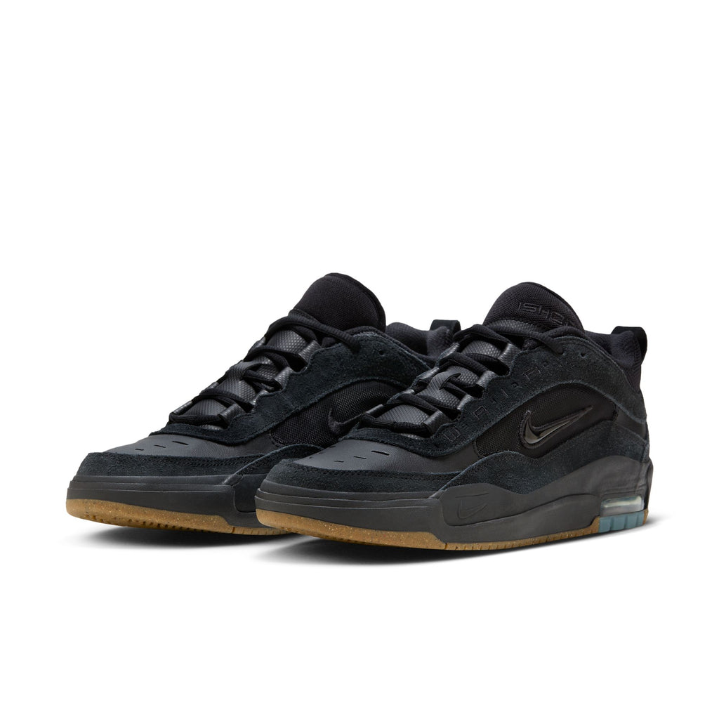 A pair of black Nike SB Ishod 2 Air Max skateboarding shoes with visible Max Air technology in the heels, displayed against a white background.