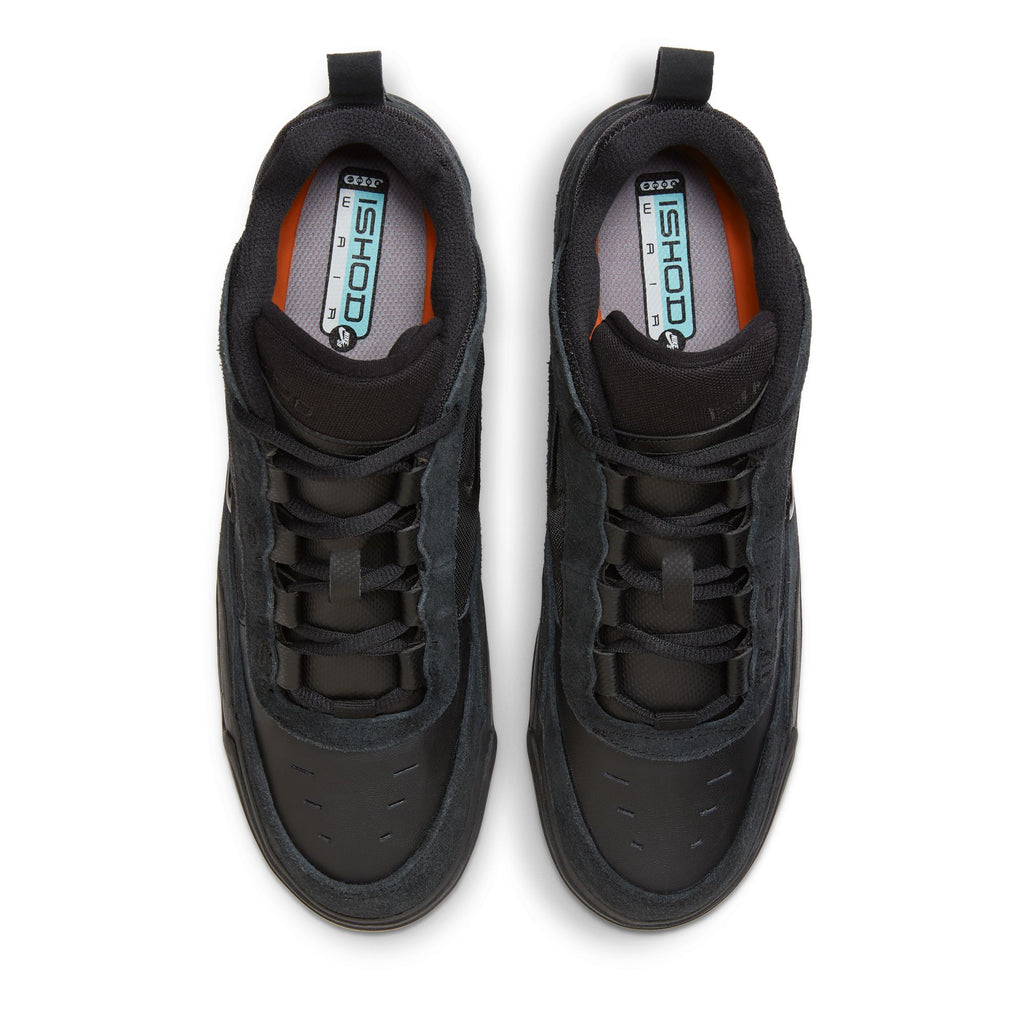 A top view of a pair of Nike SB Ishod 2 Air Max Black/Black-Anthracite skate shoes with gray inner lining and orange branding on the tongue.