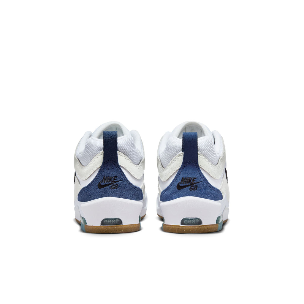 A pair of nike SB Ishod 2 Air Max White/Navy-Summit White-Black sneakers, viewed from the back against a white background.