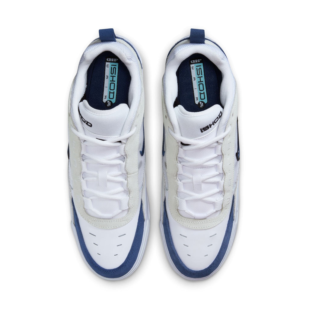 A top-down view of a pair of white and varsity red Nike SB Ishod 2 Air Max sports shoes.