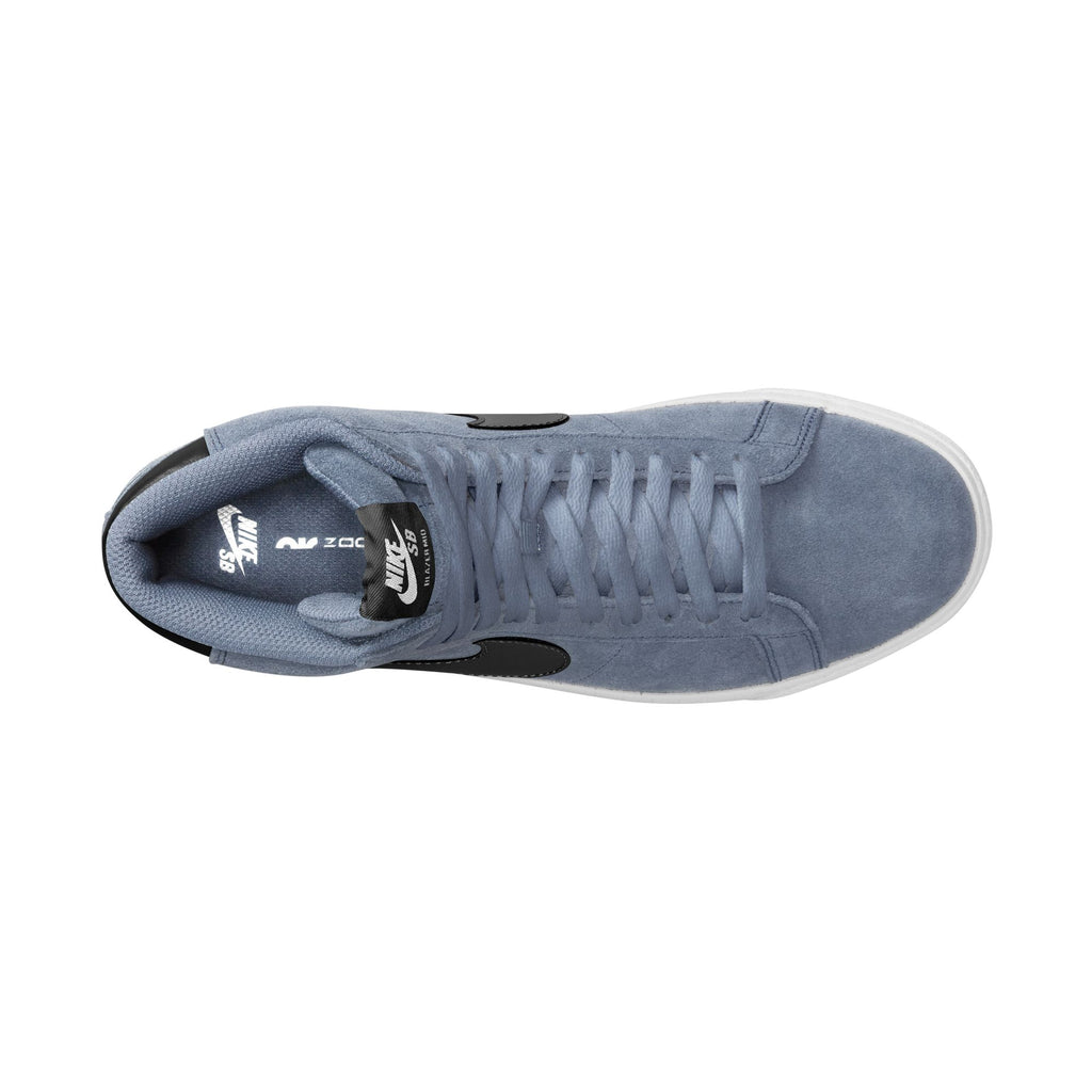 Top view of a single blue nike SB Blazer Mid Ashen Slate/Black sneaker.