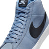 Close-up of a blue Nike SB Blazer Mid Ashen Slate/Black sneaker with black swoosh logo, featuring Zoom Air cushioning.