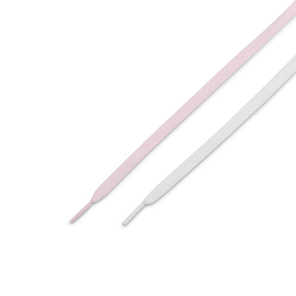 Two flat shoelaces, one light pink and one white, are side by side on a white background with aglets down—ideal for lacing up your NIKE SB BLAZER MID PINK FOAM/ANTHRACITE-WHITE-GUM YELLOW from nike.