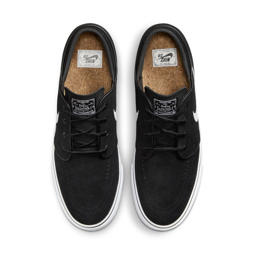 A pair of NIKE SB ZOOM JANOSKI OG+ BLACK / WHITE-BLACK skateboarding sneakers with white soles by nike.