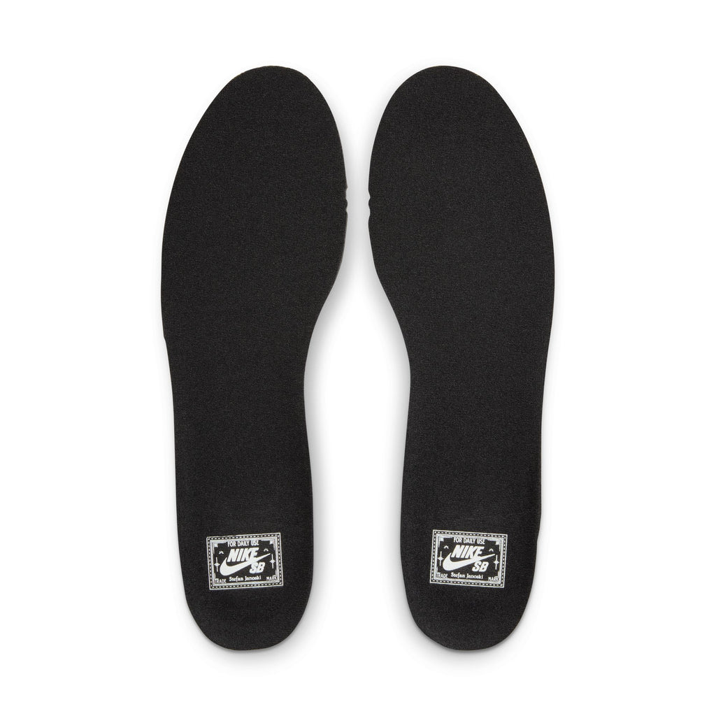 A pair of black nike SB ZOOM JANOSKI OG+ BLACK / WHITE-BLACK insoles on a white surface.