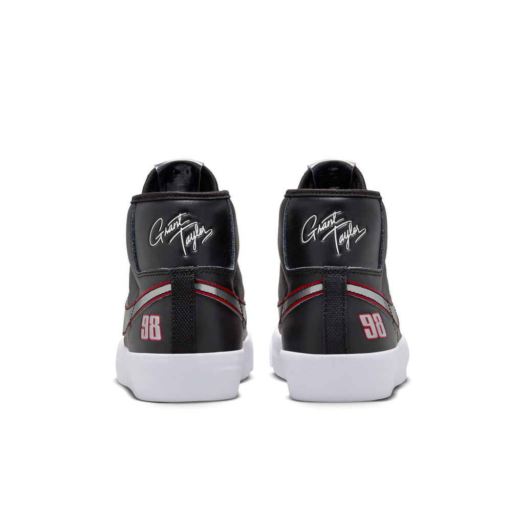 Nike SB Blazer Mid Pro GT Black / Metallic Silver signature high top sneakers, perfect for skateboarders and fans of Grant Taylor's iconic style.