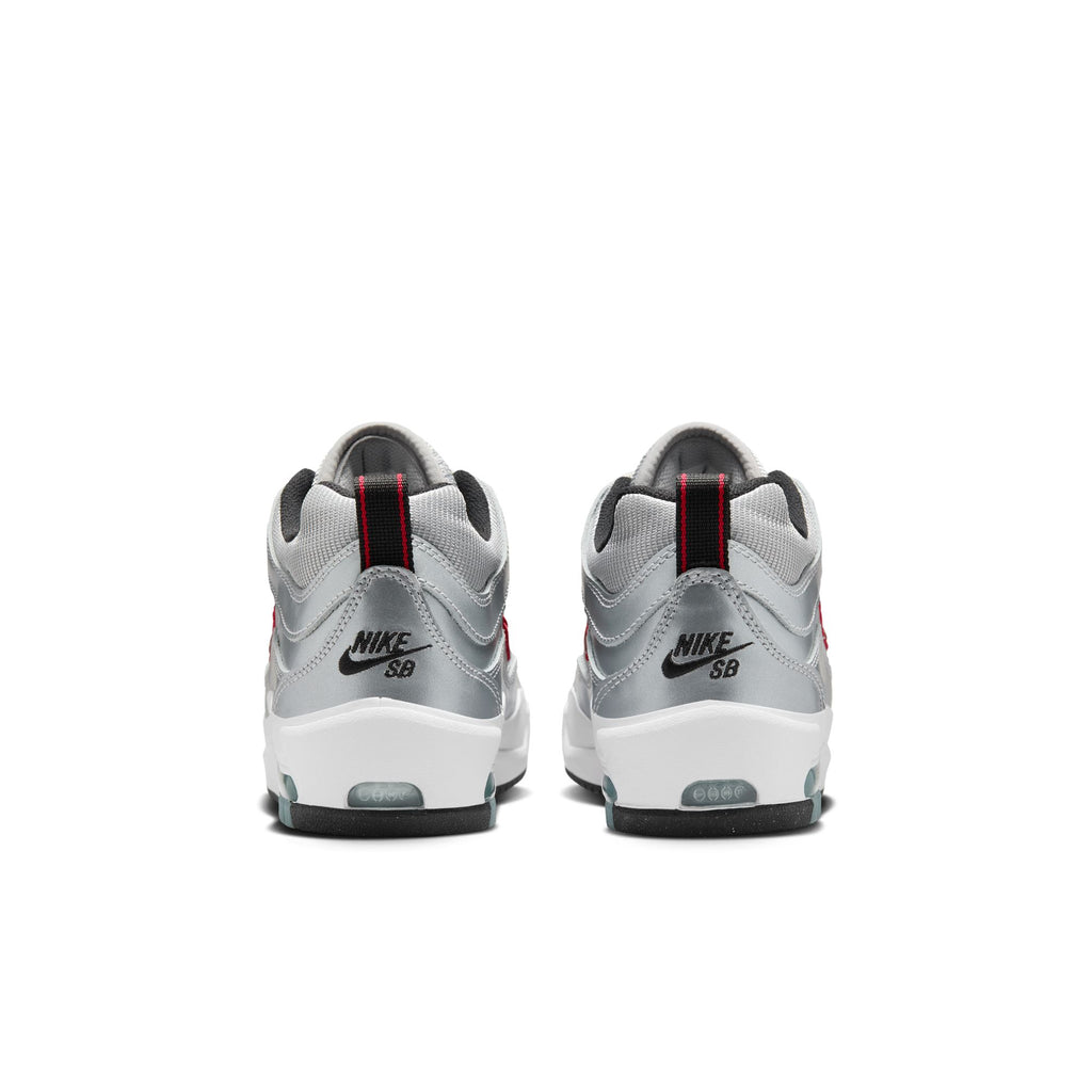 A rear view of the NIKE SB ISHOD 2 AIR MAX in Metallic Silver and Varsity Red, featuring black branding on the heel, merges classic style with Air Max Ishod's spirit.