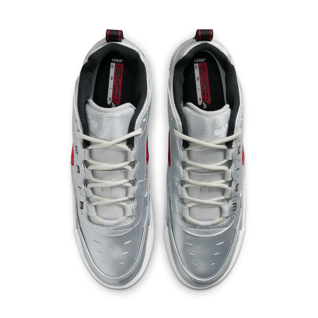 Top view of the NIKE SB ISHOD 2 AIR MAX sneakers in Metallic Silver and Varsity Red, capturing the essence of classic skate shoe style with black highlights.