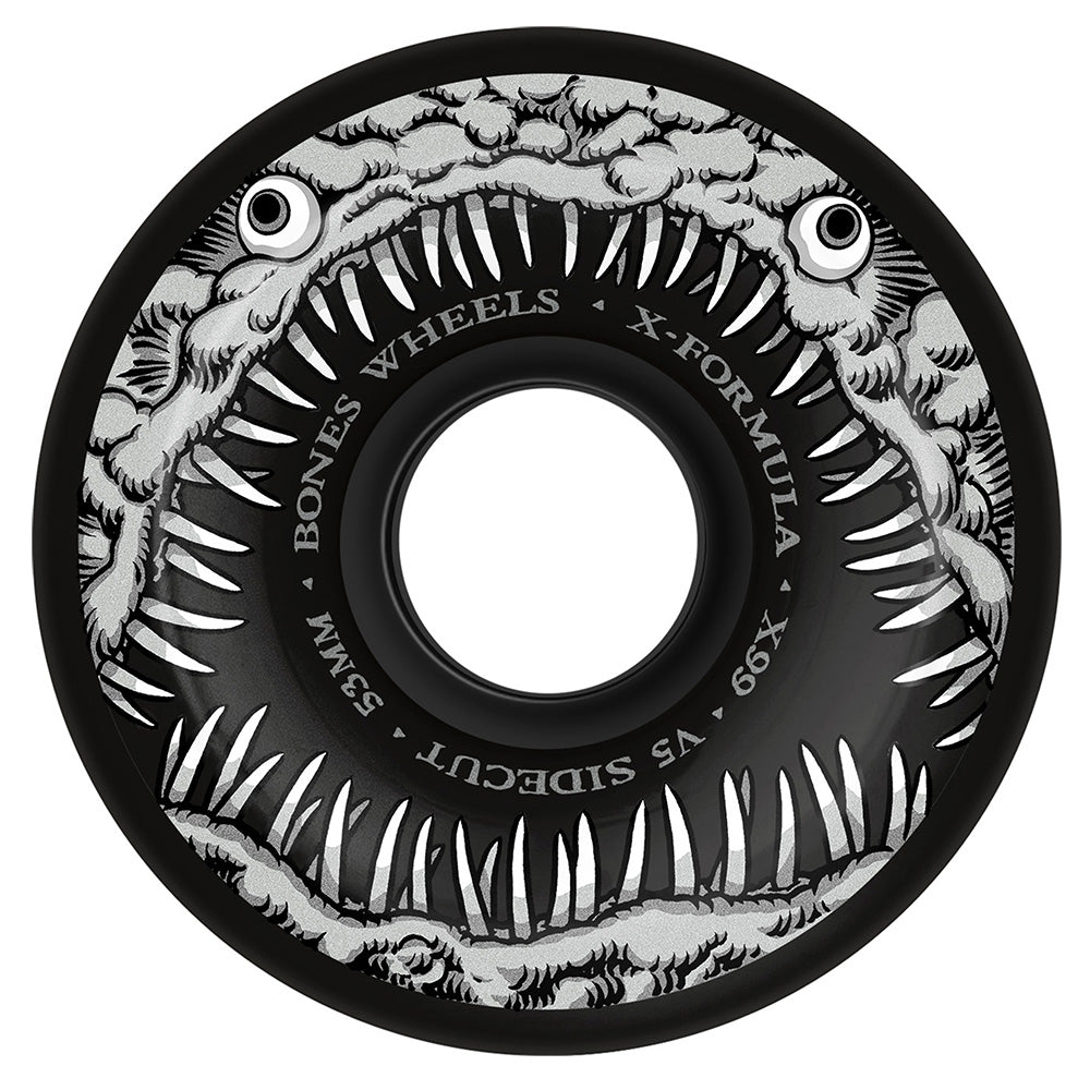 The skate wheels, named BONES X-Formula V5 Sidecut 53mm 99a Dark Waters, feature a monster-like design with toothy details and white brand text.