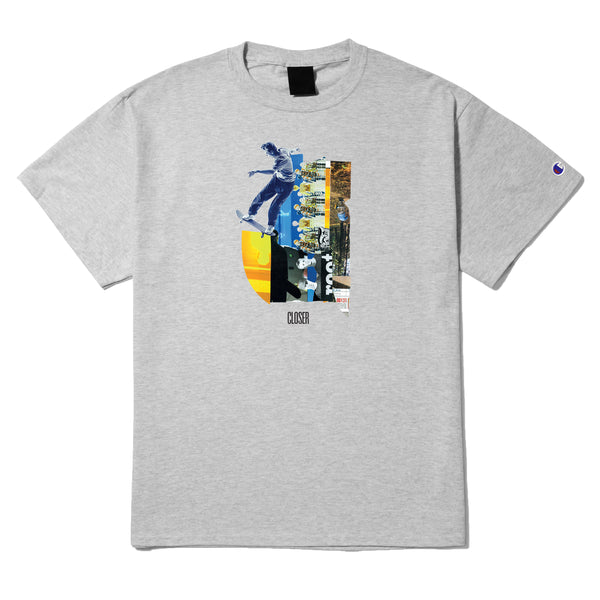 A CLOSER grey t-shirt with a printed image of a man riding a skateboard.