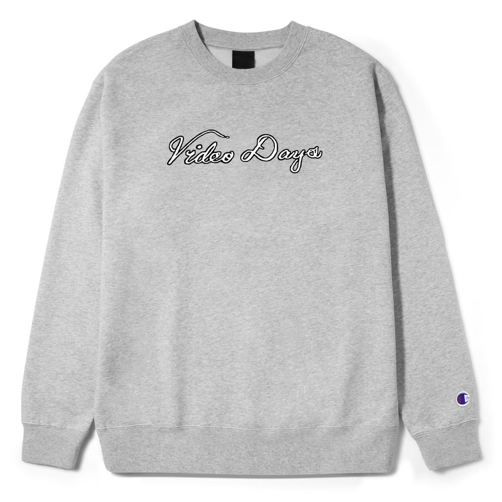 A CLOSER VIDEO DAYS CREWNECK GREY sweatshirt with black text, printed to order.