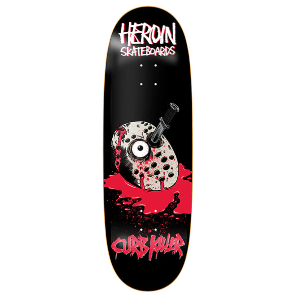 A Heroin skateboards deck featuring a graphic design with a stylized eyeball pierced by a dagger on a blood-splattered background and the text "surf killer," crafted from North American hard rock maple.