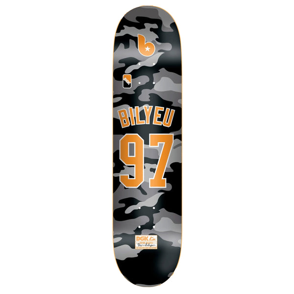A skateboard deck that is black camouflage with orange text like a basketball jersey.