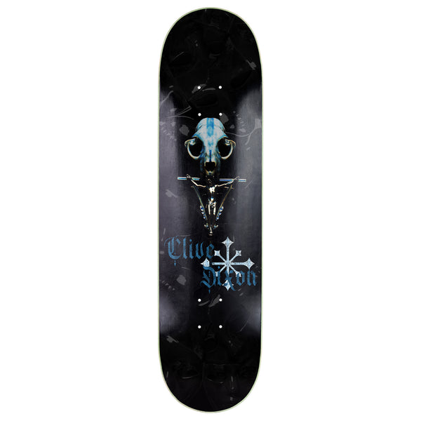 A dark-themed shaped skateboard featuring a graphic of a skull with headphones and the text "blue sector" in a gothic font on a black background with splattered paint, crafted by Disorder Skateboards.