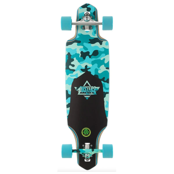A DUSTERS CHANNEL DRAGONFLY 34" LONGBOARD TEAL with a blue camouflage design.