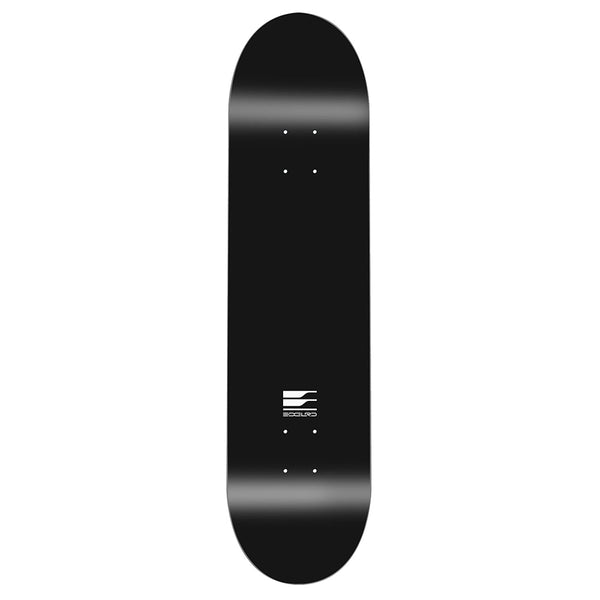 The EDGLRD TECH SCRIPT BLACK / WHITE skateboard deck by EDGLRD features a white logo centered on black, crafted from 7-ply North American Hard Rock Maple, shown from above against a plain white background.