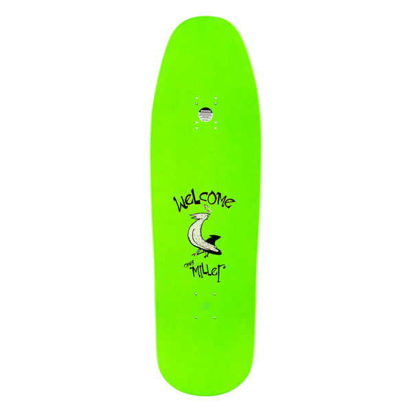 A light and easy WELCOME skateboard with a white WELCOME logo on it.