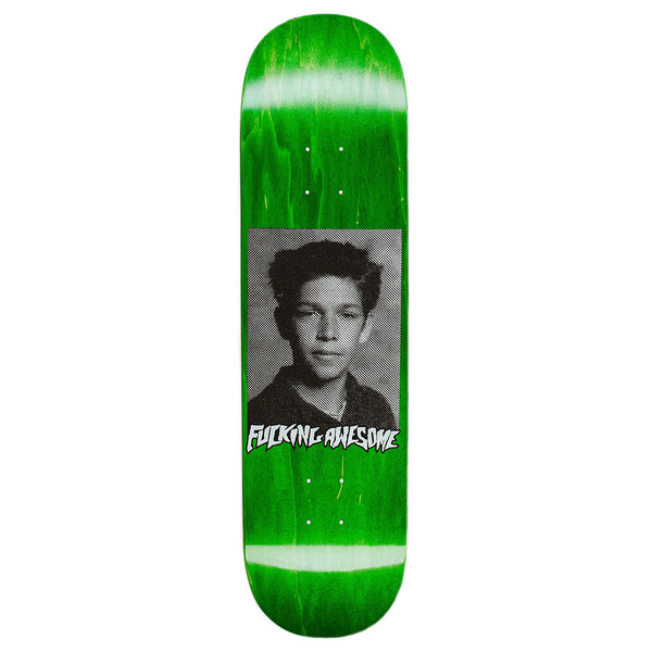 A green skateboard deck from FUCKING AWESOME featuring a black-and-white MARK GONZALES portrait at the center with "FUCKING AWESOME" text below, inspired by GUATEMALA's vibrant culture.