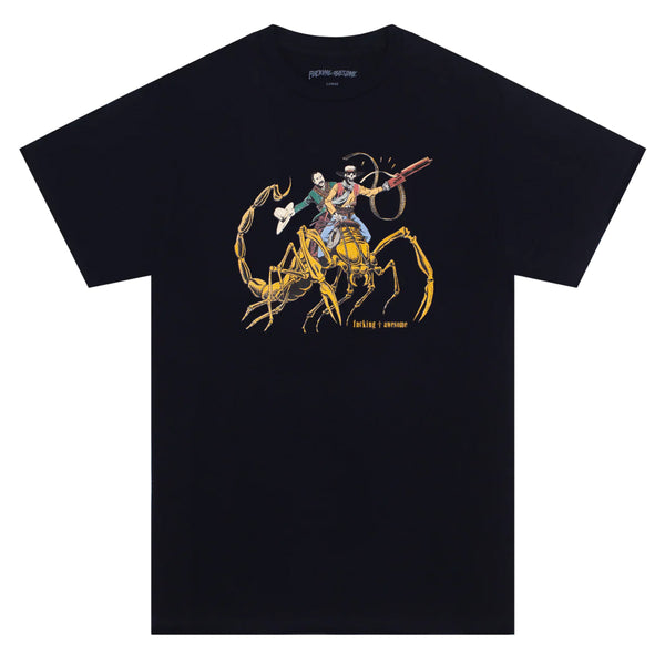 A black FUCKING AWESOME t-shirt with an image of a man riding a horse, perfect for the FIRST CHURCH THERMAL fans.