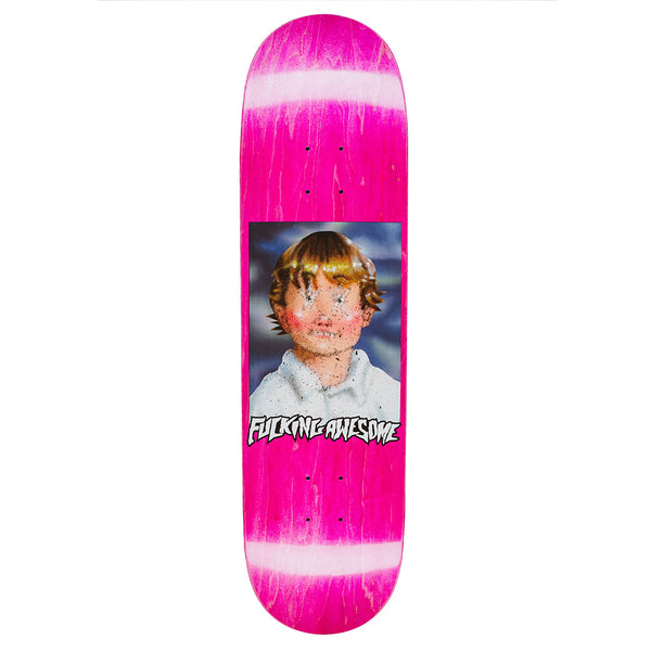 The FUCKING AWESOME X SICKID CURREN CLASS PHOTO skateboard deck by FUCKING AWESOME is pink with white streaks, displaying a distorted child’s face and "Fucking Awesome" beneath the portrait.