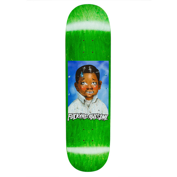 The FUCKING AWESOME X SICKID LOUIE CLASS PHOTO skateboard deck features a green design with the illustrated portrait of a young boy and "Fucking Awesome" text below the image.
