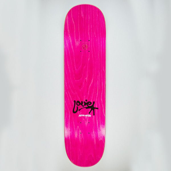 The FUCKING AWESOME x SICKID Louie Class Photo skateboard deck features a pink, wood-grain finish and bold black logo graphics, making it a standout piece from the iconic brand FUCKING AWESOME.