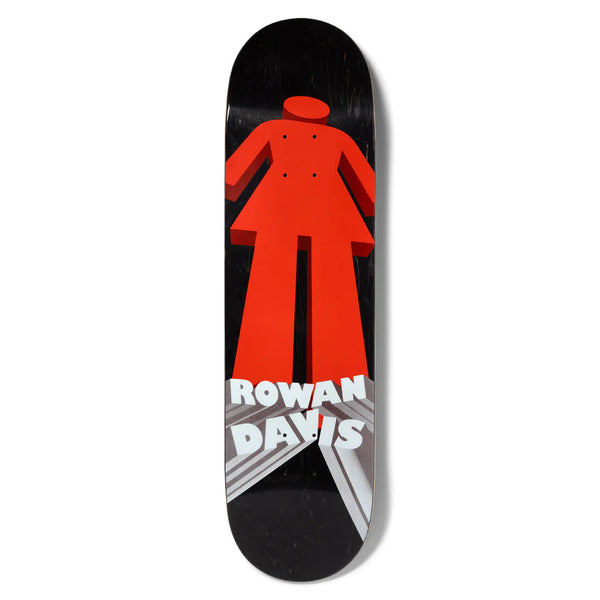 A black skateboard deck with a red giant 3D symbol of a girl and the name "Rowan Davis" towards the bottom.