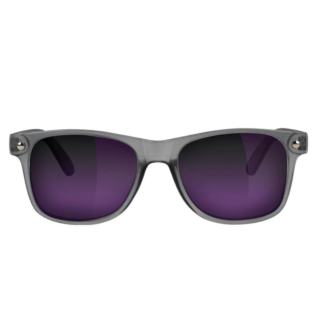 A pair of Glassy Deric Polarized Matte Transparent Dark Grey/Purple Mirror sunglasses on a white background.