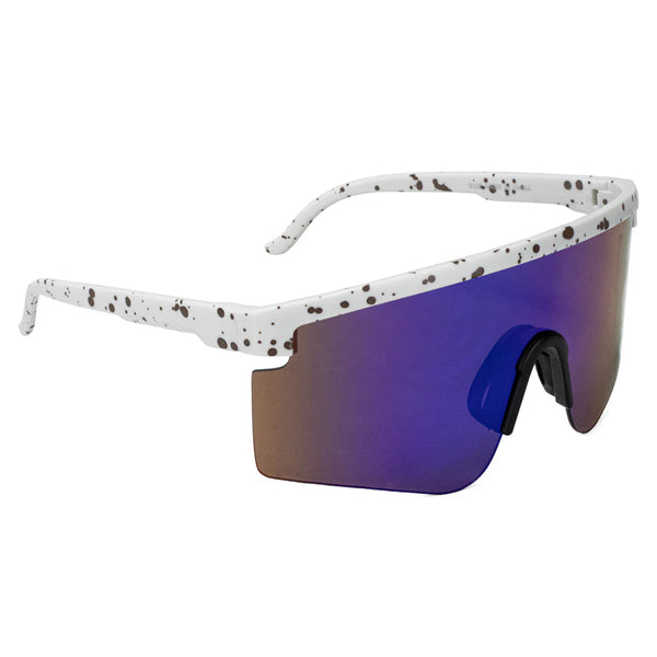Glassy Mojave white sports sunglasses with a blue nose bridge and gradient purple lens, featuring a splattered paint design on the frame and polarized to protect against UV rays.