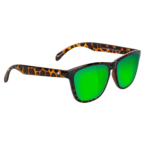Tortoiseshell sunglasses with vibrant green mirror lenses and Glassy branded arms, isolated on a white background.